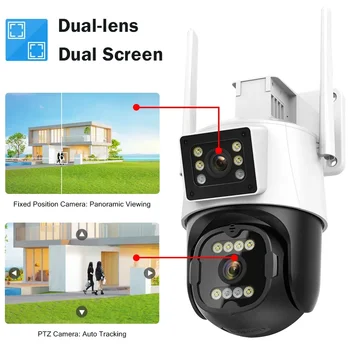4K 8MP CCTV IP kameros monitorius iCSee 5K PTZ Wifi IP kamera 8X skaitmeninis priartinimas DU objektyvai Dviejų ekranų belaidis lauko stebėjimas