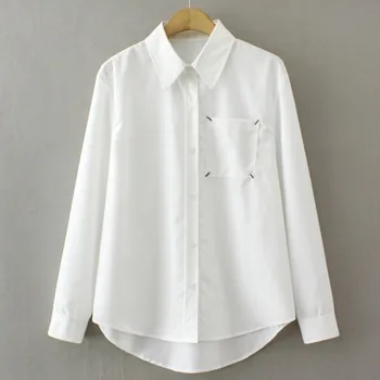 4XL plius dydžio balti marškiniai Moterys 2023 Pavasario vienos kišenės dizaino palaidinė Saldi asimetriška ilga viršūnė Oversized Curve drabužiai