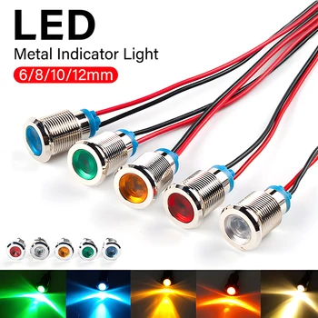 6mm-12mm LED metalo indikatoriaus lemputė vandeniui atspari galios signalo lempa su viela 12V 24V 110V 220V raudona / geltona / mėlyna / žalia metalinė Mygtukas