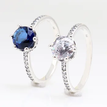 925 Sterling Sidabrinis pandoros žiedas Mėlynas SParkling karūnos žiedai su kristalu moterims Vestuvių vakarėlio dovana Mados papuošalai