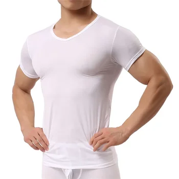 A2980 Vyriški apatiniai marškiniai Ledinis šilkas Marškinėliai Vyriškas nailonas V formos kaklas Trumpomis rankovėmis Viršus Itin plonas Šaunus miego drabužis Apatiniai marškiniai