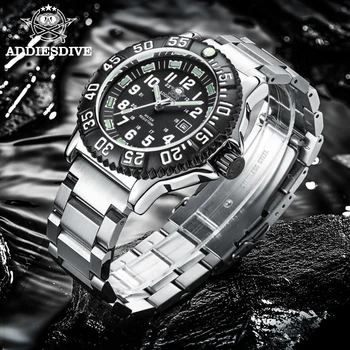 Addies Dive Naujas vyriškas laikrodis 316L nerūdijančio plieno dirželis Juodas ciferblatas 50m vandeniui atsparus laikrodis Šviečiantis rankinis 51mm lydinio dėklas Sportinis laikrodis