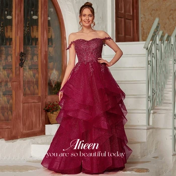 Aileen vakarinės suknelės Moteris Elegantiškos vakarėlių suknelės moterims 2023 Claret Aplikacija sluoksniuota nuo pečių Kamuoliniai chalatai Prabanga
