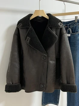 Ailegogo Žiemos moterys Vintage Loose Spliced Faux Lamb Fur Leather Jacket Streetwear Female Singleed Warm Coat Outwear