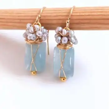 Akvamarinas, Gėlo vandens perlų auskarai, Gruodžio gimtadienio akmeniniai auskarai. Auksu užpildyti auskarai, klasteriniai auskarai