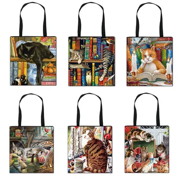 Aliejinė tapyba Cat Print Women Tote Bags Fashion Casual Handbag High Capacity Canvas Ladies Shopping Bag сумка мягкая пушистая