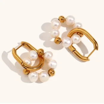 ALLNEWME Classic Genuine Freshwater Pearl Circle Hoop auskarai moterims 14K Real Gold Plated Brass Beads Strand U formos auskarai