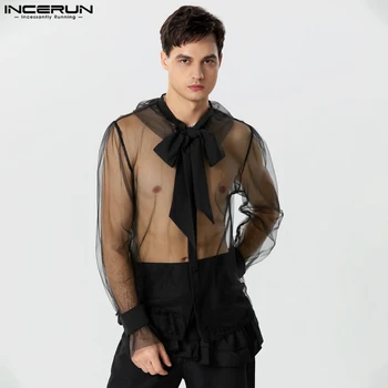 American Style Fashion Vyriški marškiniai aukštu kaklu Patchwork Casual Sexy Ribbon Thin Mesh Palaidinė ilgomis rankovėmis S-5XL INCERUN Tops 2023
