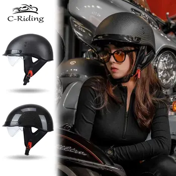 Anglies pluoštas Motociklas Šalmas Headbone Cruiser Lengvas vintažinis Retro Moto motokrosas Motociklas Pusšalniai su skydeliu nuo saulės