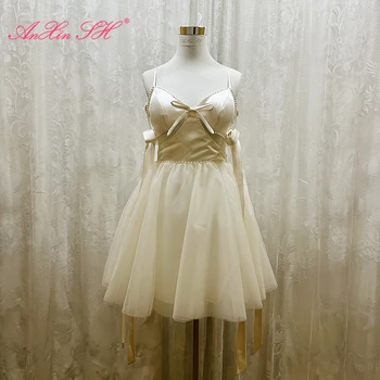 AnXin SH princesė balta atlasinė nėriniuota trumpa vakarinė suknelė vakarėlis spagečių dirželis karoliukais kriaušių lankas vakarinė suknelė maža balta suknelė