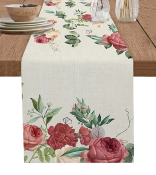 Augalų gėlė Akvarelė Retro Rožinė Lino stalas Bėgikas Virtuvės stalo dekoravimas Sodyba Valgomojo staltiesė Vestuvių vakarėlio dekoras