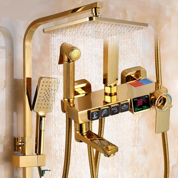 Auksinis dušo komplektas Vonios kambario išmanioji skaitmeninė dušo sistema Sieninis termostatinis vonios maišytuvas SPA Kritulių vonia LED čiaupas Visas komplektas