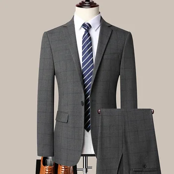 Aukštos kokybės (Blazer+ kelnės) Vyriško britiško stiliaus verslo susitikimas Elegantiškas laisvalaikio premium vestuvių džentelmeno kostiumas dviejų dalių