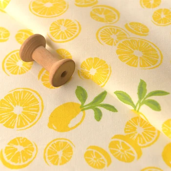 Aukštos kokybės elastingas medvilninis audinys Geltona citrinų spausdinimo medžiaga Marškinių suknelė drabužių pleistras