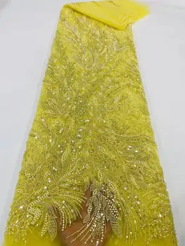 Aukštos kokybės ZH-1228564 Afrikos Nigerijos tiulio nėrinių audinys su karoliukais ir blizgučiais Siuvinėta vestuvinio vakarėlio suknelė siuvinėta
