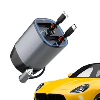 automobilinis mobiliojo telefono įkroviklis 5 in 1 išmanusis automobilio greitasis įkroviklis su dviem ištraukiamais kabeliais LED įtampos ekranas Automobilio difuzorius Protingas automobilis