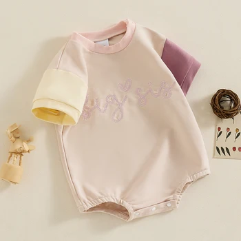 Baby Baby Summer Romper Laiškų siuvinėjimas Apvalus kaklas Kontrasto spalva Smėlinukas trumpomis rankovėmis Mažylio marškinėliai