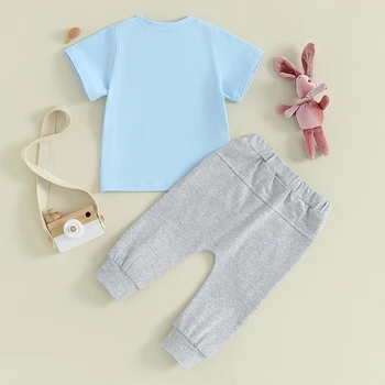 Baby Boys Velykų apranga Summer Letter Print Marškinėliai trumpomis rankovėmis ir elastinės kelnės Mielas 2 dalių drabužių komplektas