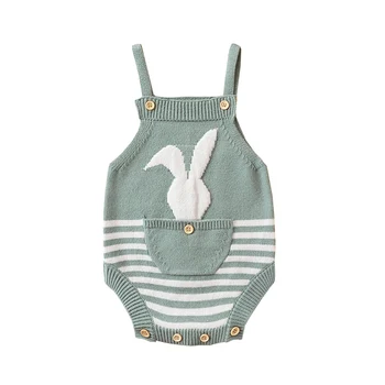 Baby Cartoon Bunny Easter Rompers Boys Girls Striped Contrast Color Buttons Sling Jumpsuits Newborn Knit Warm Clothes Green