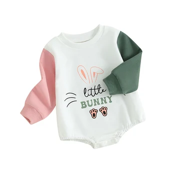 Baby Girl Boy Easter Apranga Džemperis Jumpsuit Letter Bunny Ear Print Round Neck Long Sleeve Bubble Romper