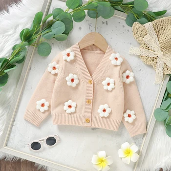 Baby Girl Cardigan ilgomis rankovėmis V kaklo mygtuko užsegimas Gėlė Žieminis šiltas megztinis Megztinis Drabužiai kūdikiams