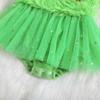 Baby Girls Green Rompers Suknelė Kalėdiniai drabužiai Be rankovių širdies pleistras Blizgučiai Žvaigždės Sluoksniuotas tiulio sijonas Hem Mažylio smėlinukai
