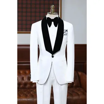 Baltos vestuvės Vyriški kostiumai Oficiali proga Vienos krūtinės juoda skara Atlapas One Button Slim Fit 2 dalių švarkas Kelnės Blazer