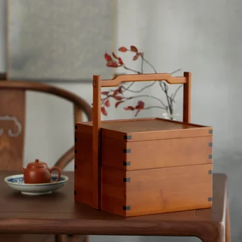 Bambuko arbatos rinkinys Laikymo dėžutė Kinų stiliaus dvisluoksnis krepšelis Iš arbatos dėžutės arbatos padėklo Kinų užkandžių maisto dėžutės saugykla
