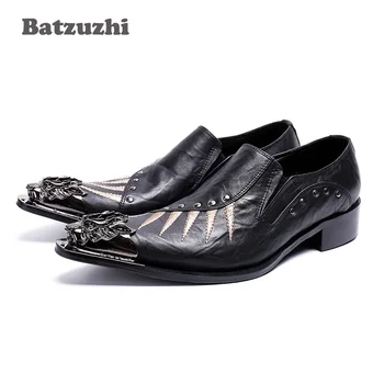 Batzuzhi Japoniški gražūs vyriški batai Smailus metalinis antgalis Natūralios odos suknelės Batai Vyrai Juodas verslas Oksfordo butai Dizainerio batai