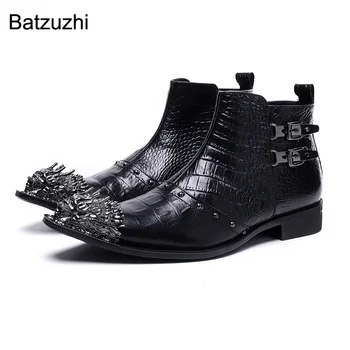 Batzuzhi Naujas dizainas Auksinio metalo pirštas Raudonas Natūralios odos trumpi batai Vyrai Vakarų mados vyriški batai Batai Užtrauktukas Botas Hombre