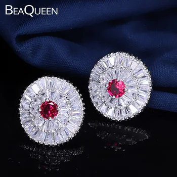 BeaQueen Lovely CZ Round Stud auskarai Rose Red Rectangle Austrian Crystal Baguette Earings Fashion Jewelry for Women E159