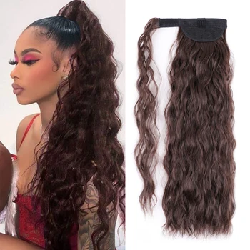 Belle Show Synthetic Long Corn Wavy Ponytail Hairpiece Wrap on Hair Clip Ombre Brown Blonde Hair Extensions Pony Tail