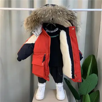 Berniukų medvilninis paltas Žieminė striukė Didelis dirbtinis kailis su gobtuvu Parka Kontrastingos spalvos 2023 m Nauji sutirštinti šilti medvilniniai paminkštinti drabužiai