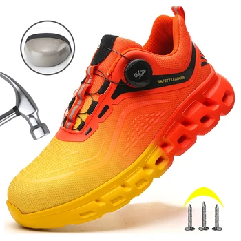 Besisukantis mygtukas Oranžiniai apsauginiai batai Vyriški nesunaikinami plieniniai kojų pirštų darbo sportbačiai Anti-smash Anti-punkcijos batai Apsauginiai batai