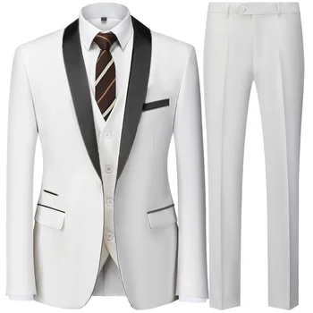 Black Men Autumn Wedding Party Three Pieces Set Large Size 5XL 6XL Male Blazer Coat Pants and Vest Fashion Slim Fit Suit