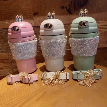 Bling Rhinestones Cup With Chain Rope Shining Diamond Water Bottles Stainless Steel Tumblers Bottle Girl Girl Gift Cute Rabbit