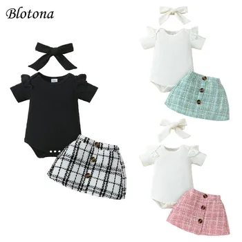 Blotona Baby Girls 3 dalių aprangos raukiniai romperiai trumpomis rankovėmis ir pledas Spausdinti sijonas Galvos juosta Vasaros drabužių rinkinys