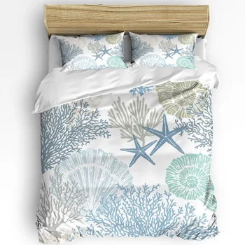 Blue Marine Coral Shells Starfish Antklodės užvalkalas su pagalvės dėklu Custom 3vnt patalynės komplektas Antklodės užvalkalas Dvigulė lova Namų tekstilė