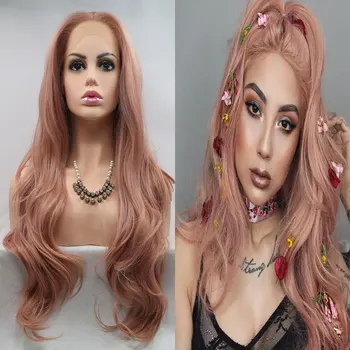 Bombshell Rose Gold Pink Loose Wave Synthetic 13X4 nėrinių priekiniai perukai be klijų aukštos kokybės karščiui atsparūs pluoštiniai plaukai moterims Perukas