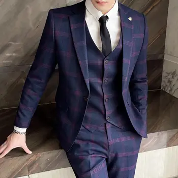 Boutique 5XL(Blazer Vest Kelnės) Vyrų mados verslas Elegantiškas pledas Oficiali suknelė Džentelmeno laisvalaikio suknelė Trijų dalių kostiumas
