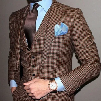 British Style vyriškas kostiumas Pledas Vestuvinės vilnos smokingai Verslo liemenės striukės kelnės 3 Vienetai Casual Slim Fit Gilet Homme Blazers