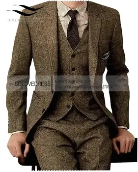 Brown Tweed vyriški kostiumai 3 vnt. Formalus verslo kostiumų komplektas Custom Gentle-Mens Groom vestuvinė suknelė Blazer kostiumai(Švarkas+Kelnės+Liemenė)