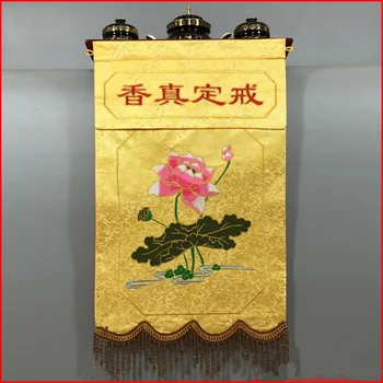 Budizmas Tiekimas Tribute Censer Rankų darbo aukštos kokybės rožinis lotosas pakabinti budistų šventyklos siuvinėjimo dekoraciją Palaiminti laimės drobę
