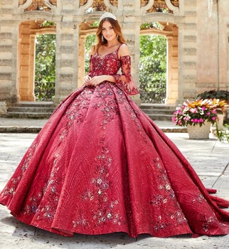 Burgundijos svarainių suknelės Rutulinis chalatas Spagečių dirželiai Blizgučiai Aplikacijos Pūstas Meksikietiškas saldus 16 Suknelės 15 Anos