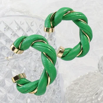 C tipo lankų auskarai moterims Aros paprastas OL Elegantiška žalia oda Apvalūs auskarai Madingi papuošalų aksesuarai