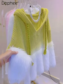 Casual Soft Green Gradiento megztinis su gobtuvu megztinis 2023 m. ruduo ir žiema Naujas moteriškas korėjietiško stiliaus megztinis megztinis