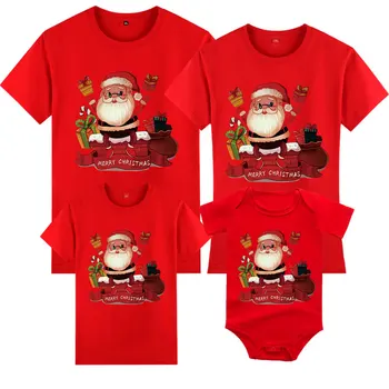 Christmas Mom Dad And Me Drabužiai suaugusiems vaikams Marškinėliai Baby Romper trumpomis rankovėmis Medvilninis animacinis filmas Kalėdos Šeima Deranti apranga