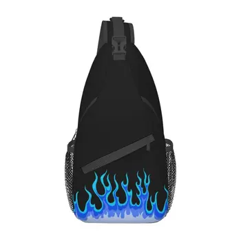 Custom Blue Hot Fire Racing Flames Sling Bags for Men Fashion Shoulder Crossbody Chest Backpack Travel Hiking Daypack