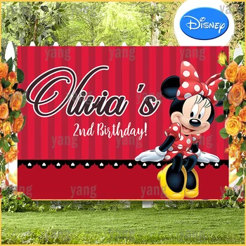 Custom Cartoon Disney Lovely Baby Minnie Mouse Cute White Dots And Love Heart Birthday Party Red Background Photography Background
