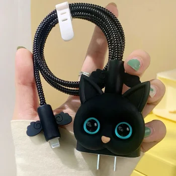 Cute Cartoon Cat Charging Head Protective Cover for Apple IPhone Charger 18W 20W Power Adapter Protector Cable Winder Kit